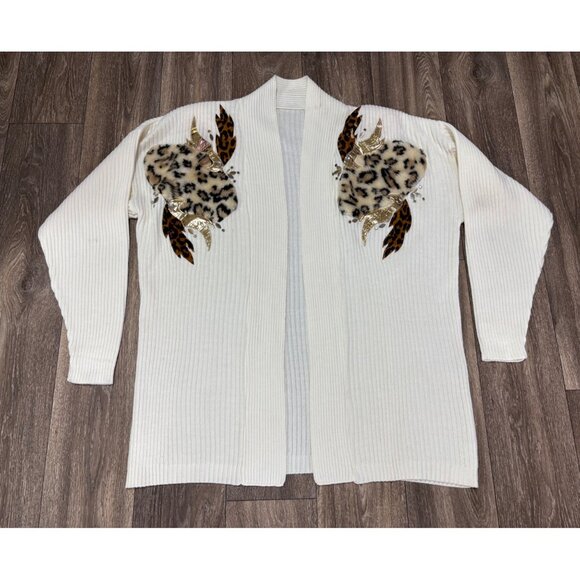 VINTAGE 80'S BEIGE GOLD LONG CARDIGAN SWEATER SHOULDER PADS ONE SIZE LEOPARD FUR - Picture 1 of 10